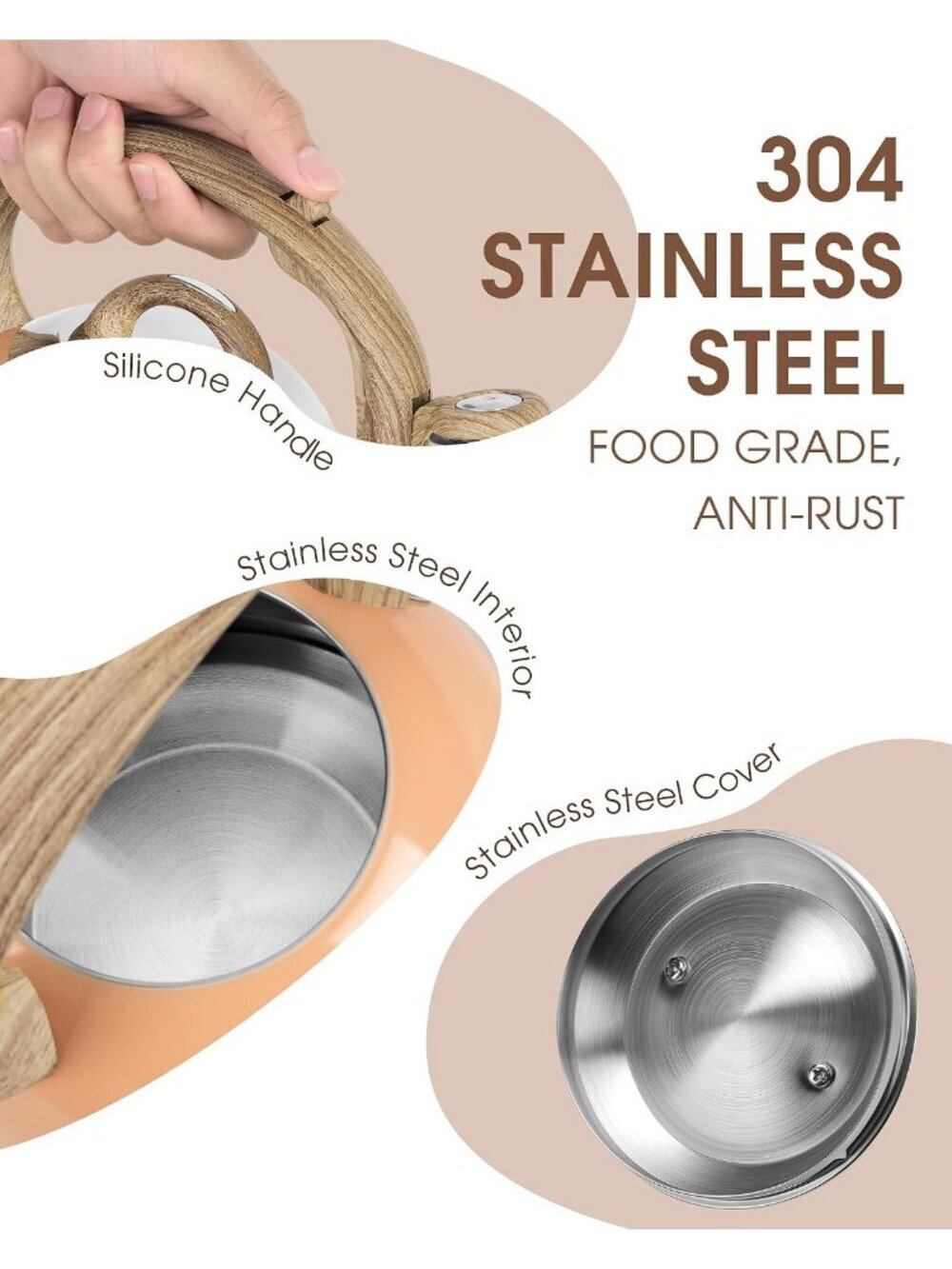 Peachy Whistling Tea kettles 2.1 Quart Stainless Steel Stovetop with Wood Handle - Picture 3 of 6
